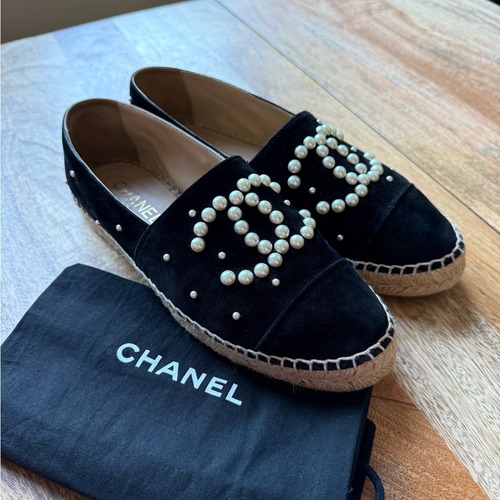 Chanel Black Suede and Pearl Espadrilles